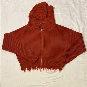 Love Tree Rust Hooded Cardigan Full Zip Bottom Fringe Size Large Crop Versatile